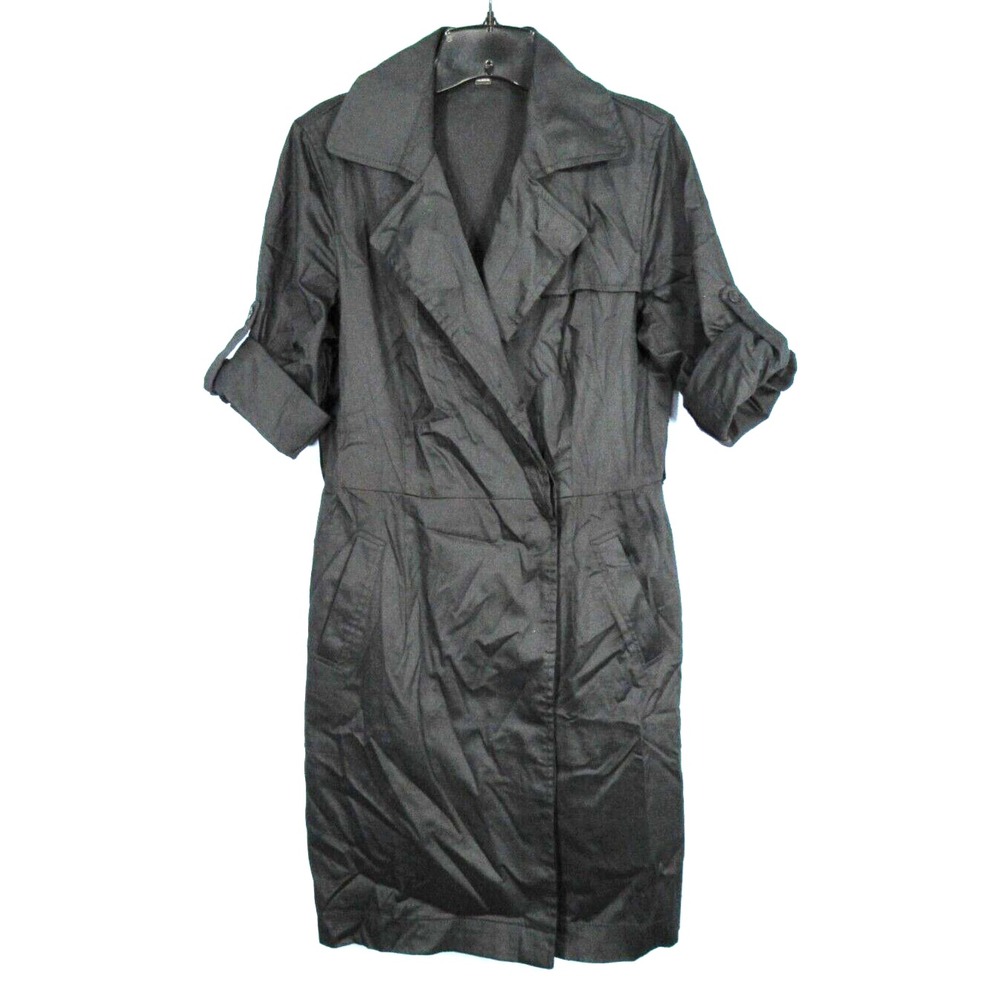 ANN TAYLOR Black SATEEN Button-Up ROLL-TAB SLEEVES Belted MIDI SHIRT DRESS Sz 6